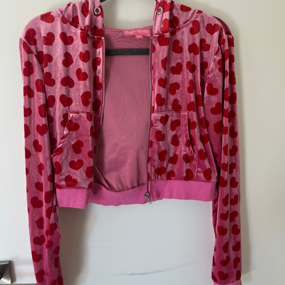 Dolls Kill Velour Heart Cropped Zip Up Hoodie